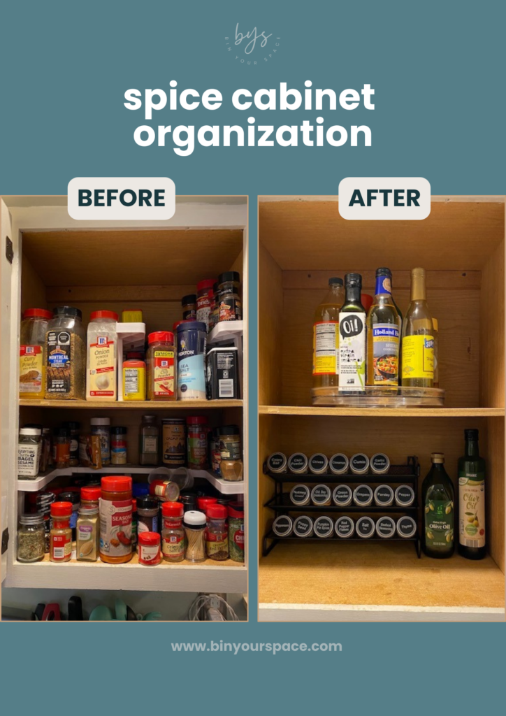 spice cabinet cluttered vs. spice cabinet after decluttering is now organized