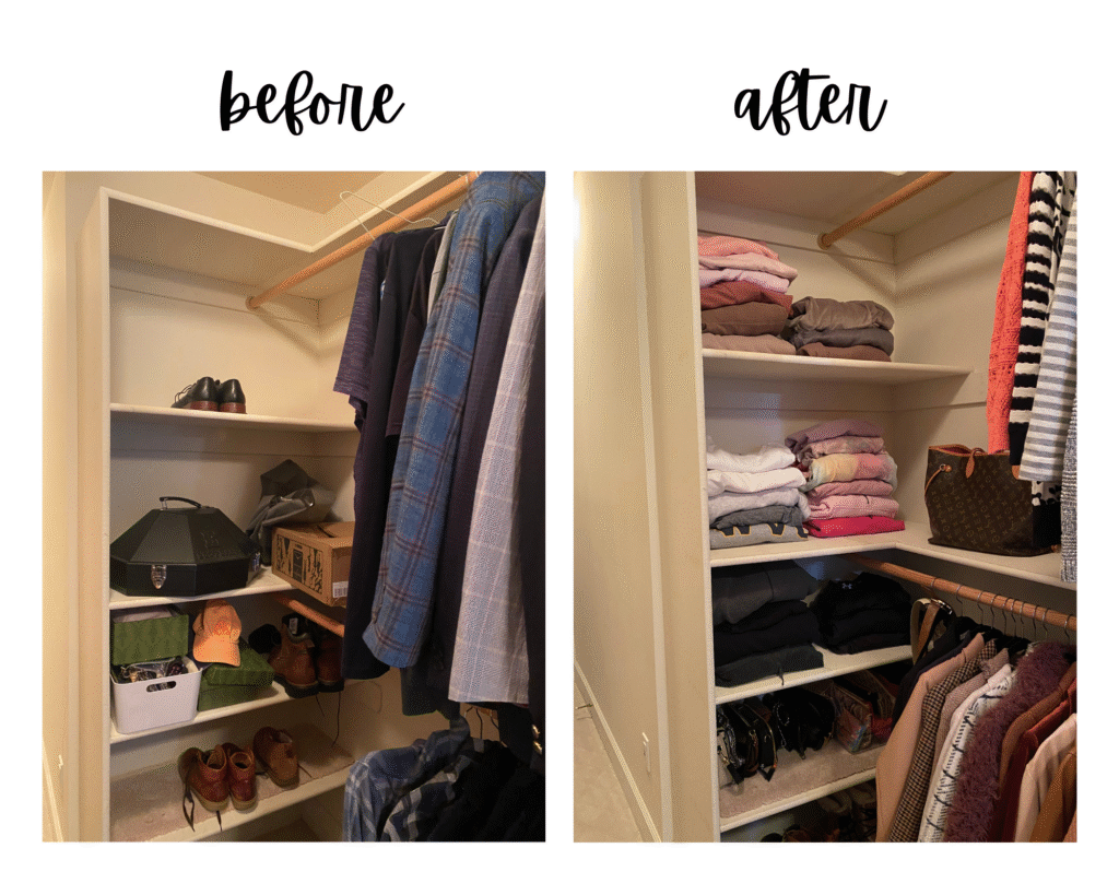 Closet on the left shows stuff being thrown onto shelves whereas the closet on the right shows the organized system being maintained
