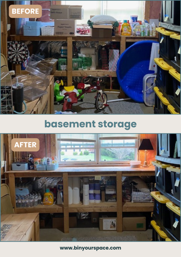 Decluttering vs. organizing basement storage area