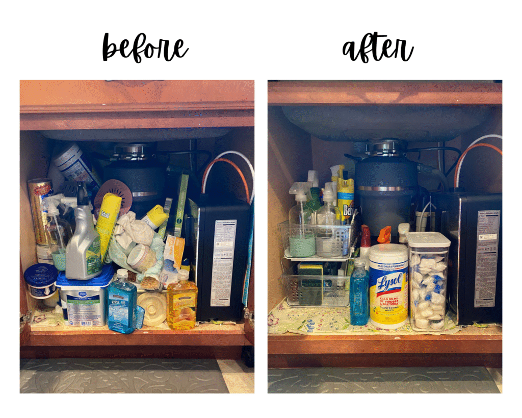 On the left is shown a cluttered under the sink kitchen cabinet. On the right is an organized picture of the same cabinet. You have to declutter before you can truly create a system that leaves you organized for good. Decluttering and organizing are different but needed just the same.