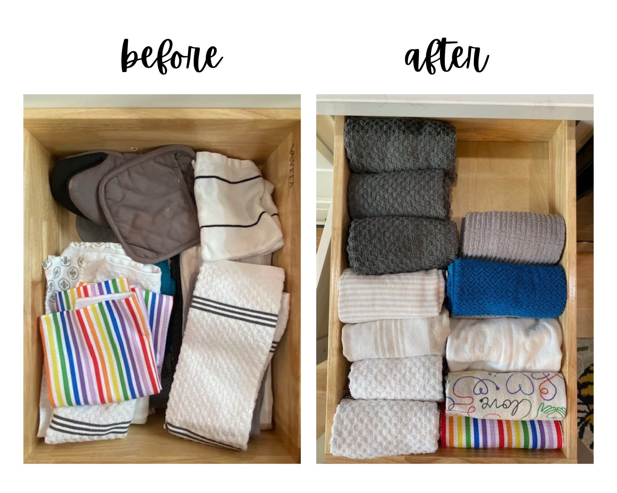 High-angle photo of a kitchen drawer showing how to maximize storage space by rolling hand towels vertically to see every color and pattern at once.