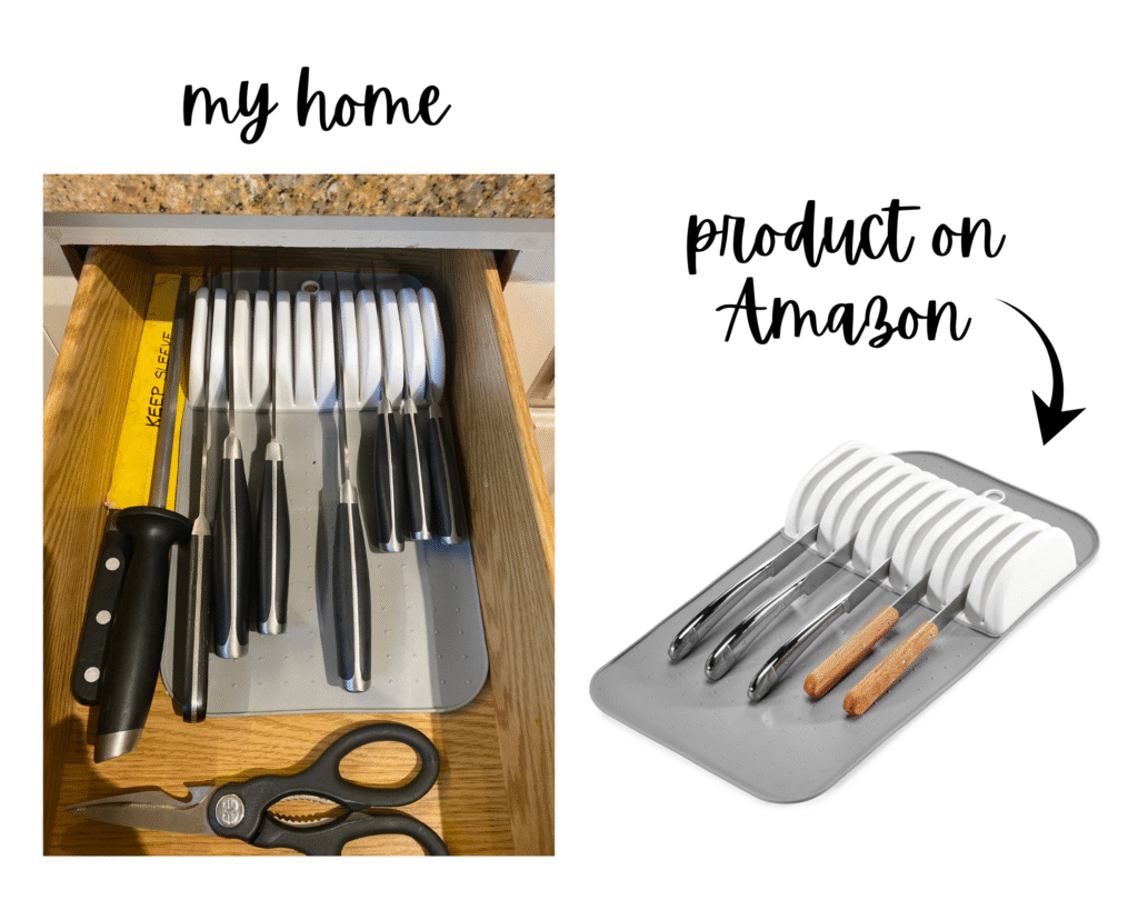 Close-up of a sleek in-drawer knife mat holding several knives to maximize storage space and clear the kitchen countertops.