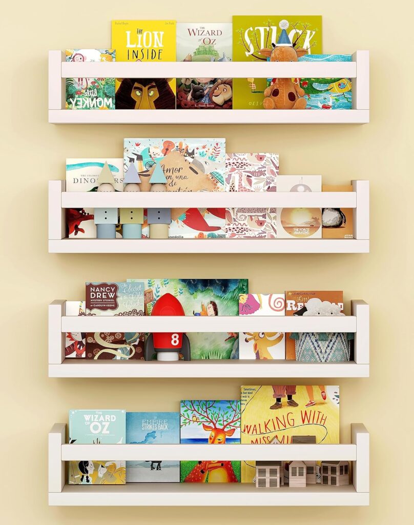 Set of 4 Wall-Mounted Kid's Bookshelf - White Floating Nursery Book Shelves - Durable Wood Construction - Ideal for Nursery Decor, Kids Room, Toy Storage