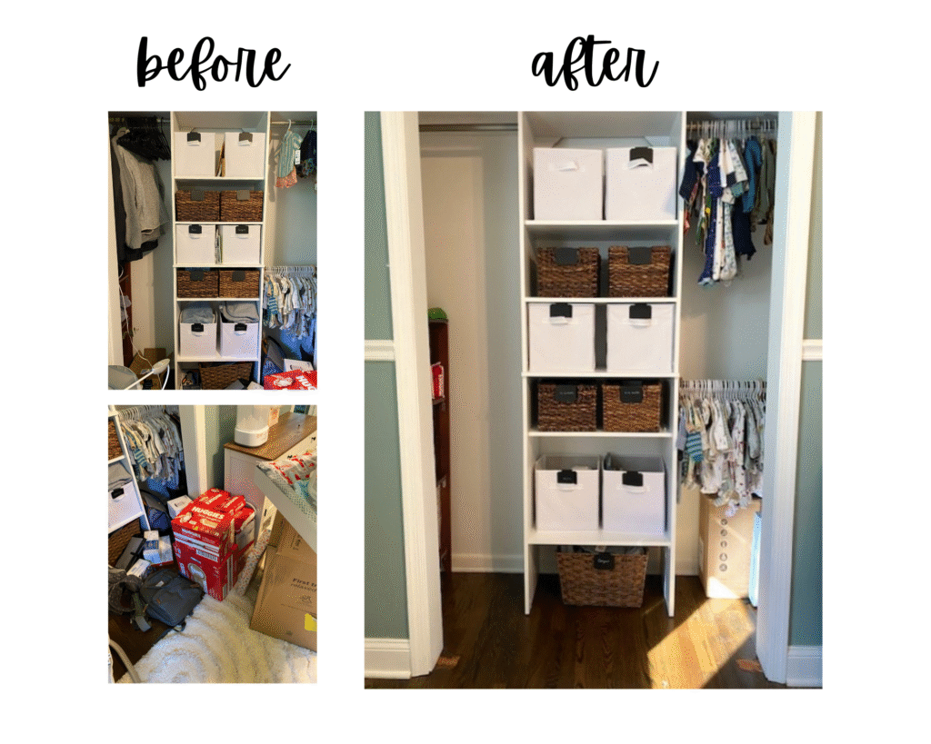 Before and after nursery organization transformation for the closet space that holds wipes, diapers, shoes to grow into, and hats and gloves for colder weather.