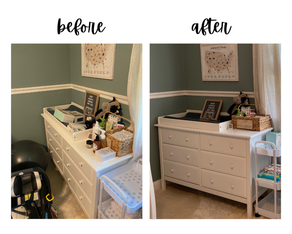 Nursery organization for the dresser with cloth bins to hold burp cloths and extra diapers. Wipe to the right of the diapers and little socks kept in a small clear bin for easy access.