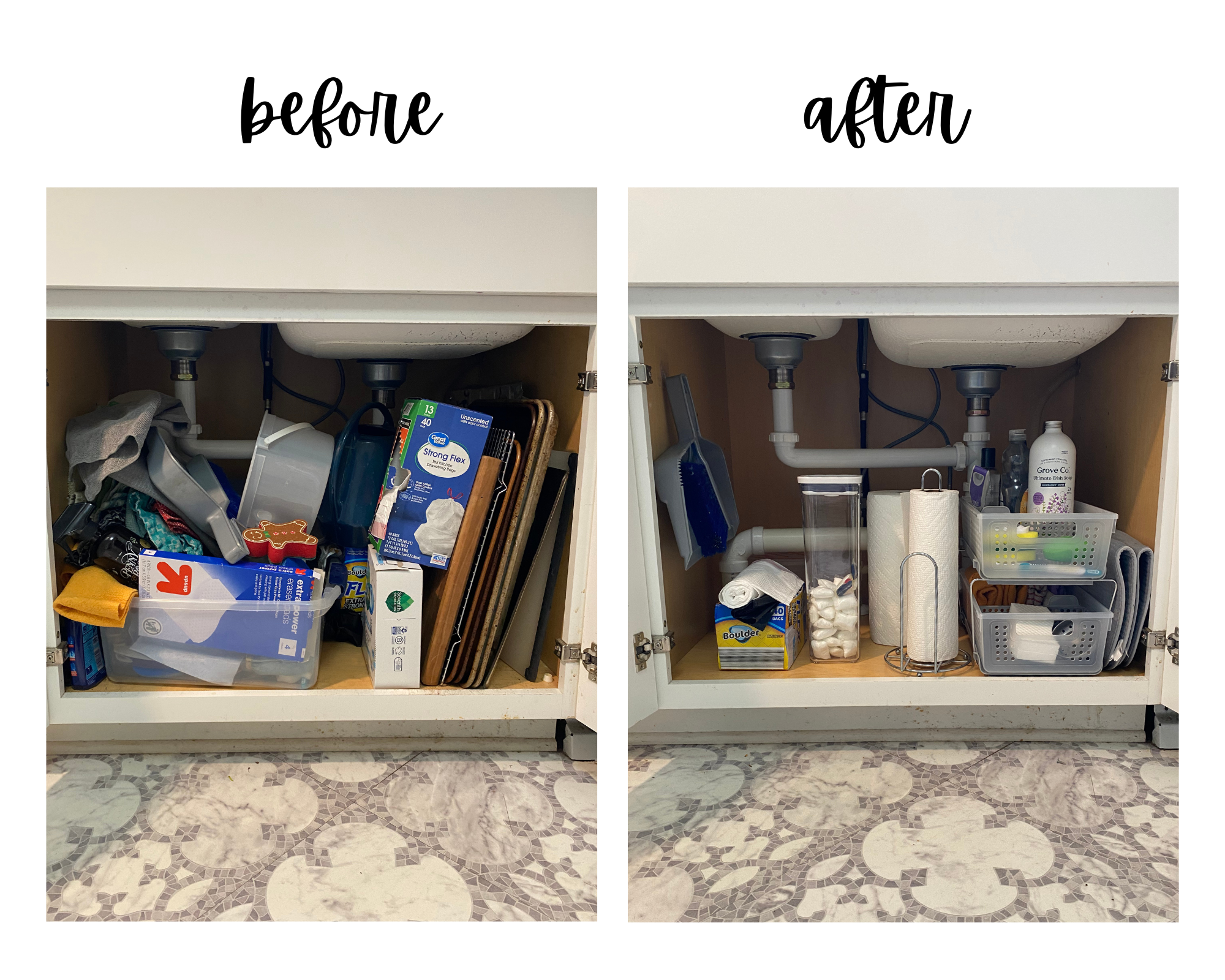 A cabinet door open under a kitchen sink showing a mounted paper towel holder used to maximize storage space on the counter.