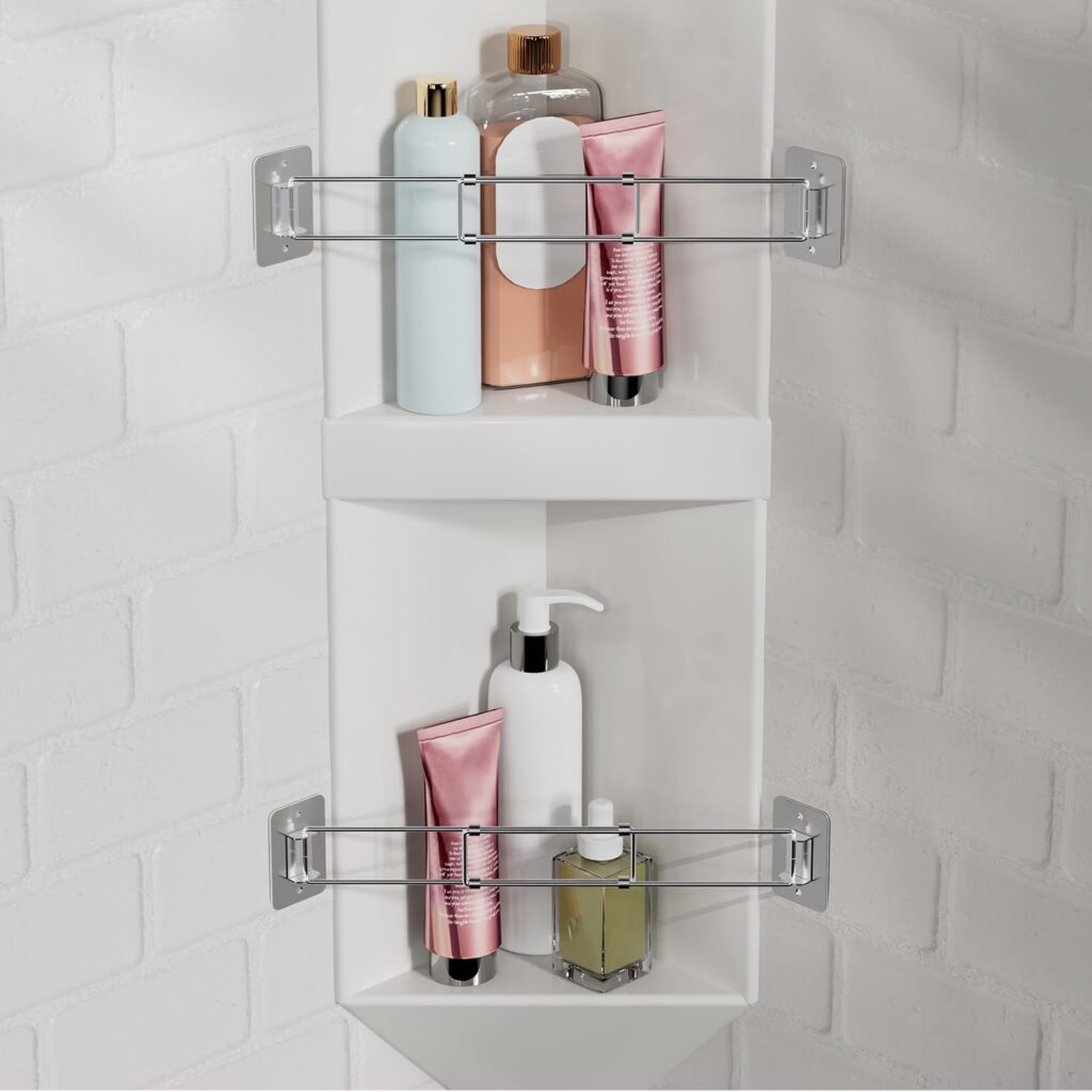 Corner Storage Bar: Use this tension rod shelf to store toiletries. It is great for maximizing shower space.