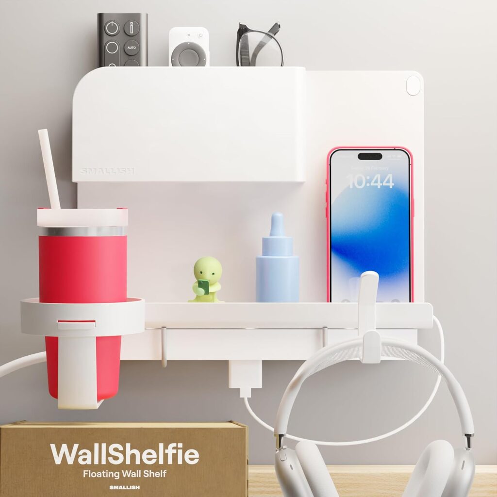 WallShelfie Bedside Wall Organizer: The perfect bedside wall organizer, floating shelf, and phone holder all in one. And it doesn't take up floor space.