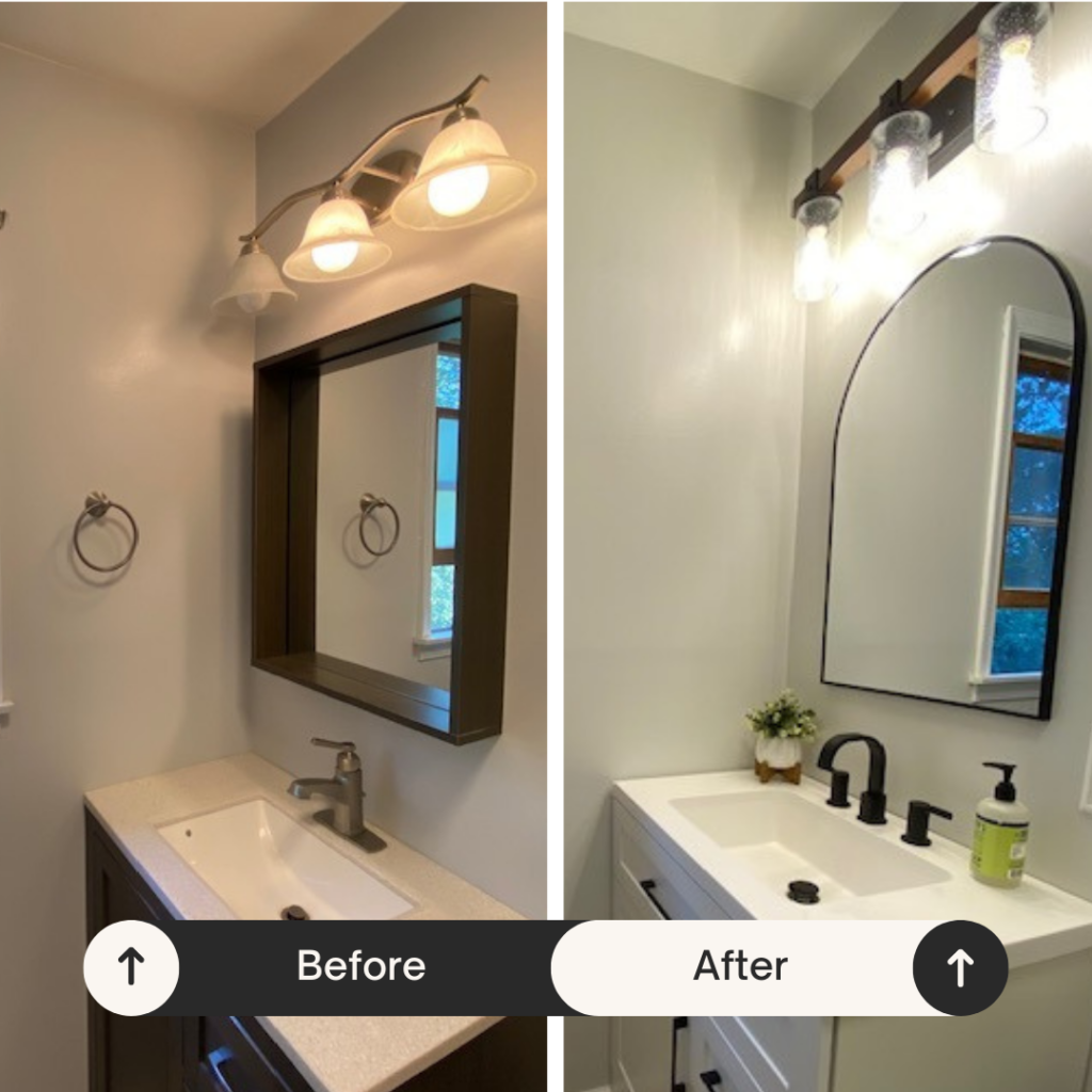 small bathroom vanity, mirror, and lighting before and after
