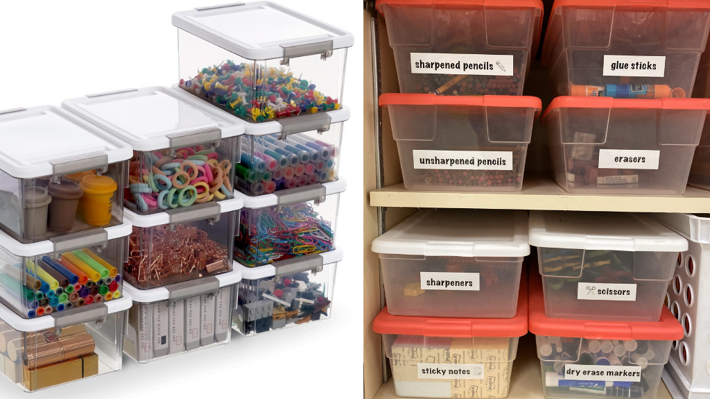 clear bins with labels that help keep student supplies organized