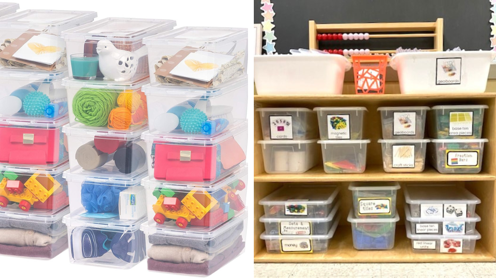 clear bins with labels that stack to keep math manipulatives organized