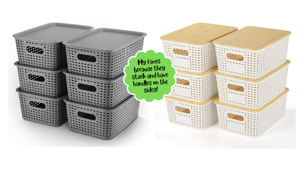 Containers that are stackable with lid and able to have labels on them for classroom organization