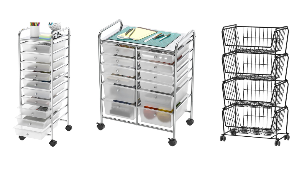 3 examples of rolling carts that can be used to organize various classroom materials