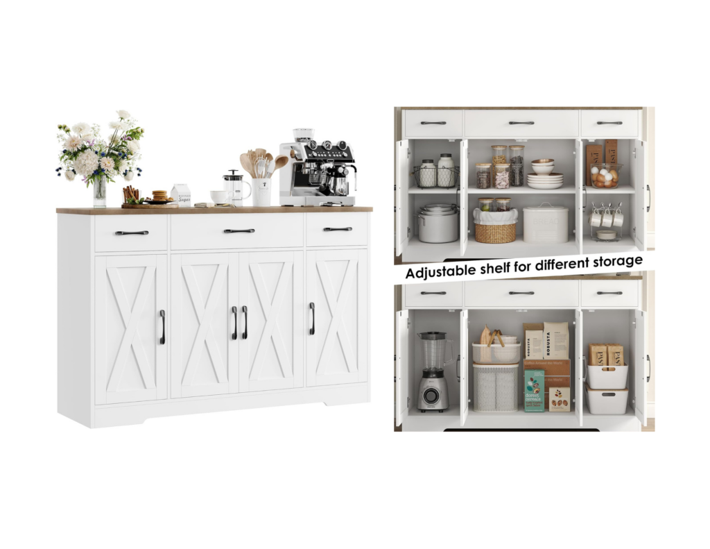 organize your homeschool space with a credenza that has drawers, cabinets, and adjustable shelves