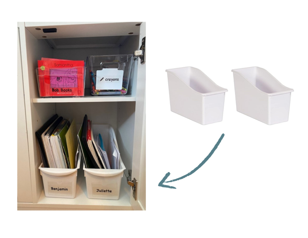 This is an organized homeschool space with individual book bins for each child's lessons and activities. Clearly labeled.
