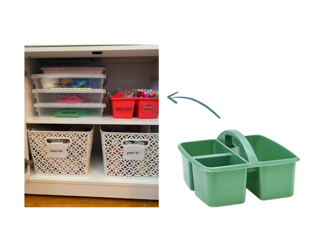 This is an organized homeschool space with a caddy for supplies that can easily be brough over to the dining room table when needed.