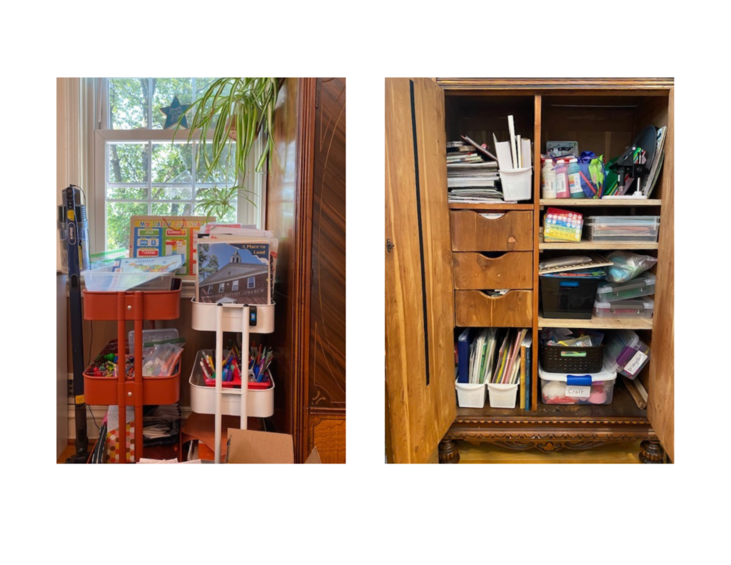 before: a picture of a potential organized homeschool space that is full of clutter, supplies, and resources
