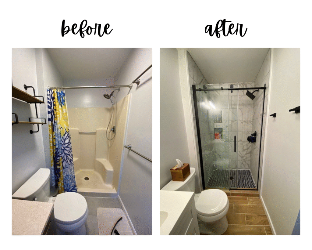 Full room transformation of a small bathroom remodel storage project replacing a dated shower insert with a modern glass-enclosed walk-in shower.