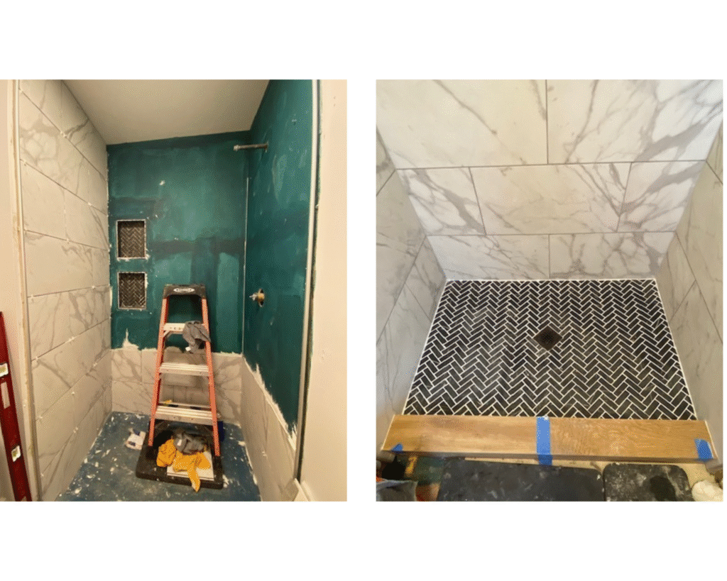 Progress shot of a small bathroom remodel storage design featuring white marble-look wall tile and a black herringbone floor.