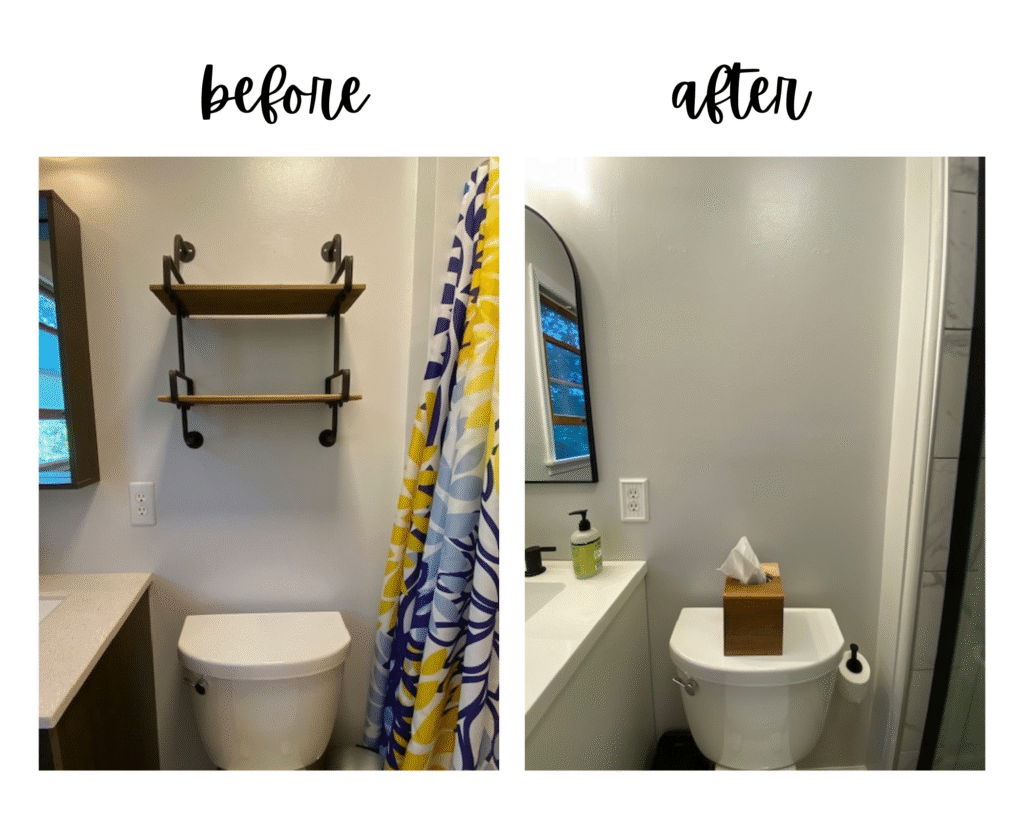 Before and after comparison of a small bathroom remodel storage area above the toilet showing the transition from open shelving to a clean, minimalist wall.