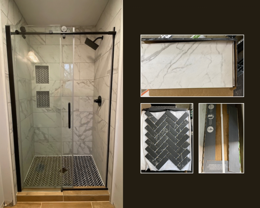 Finished walk-in shower in a small bathroom remodel storage project with matte black fixtures and built-in wall niches.
