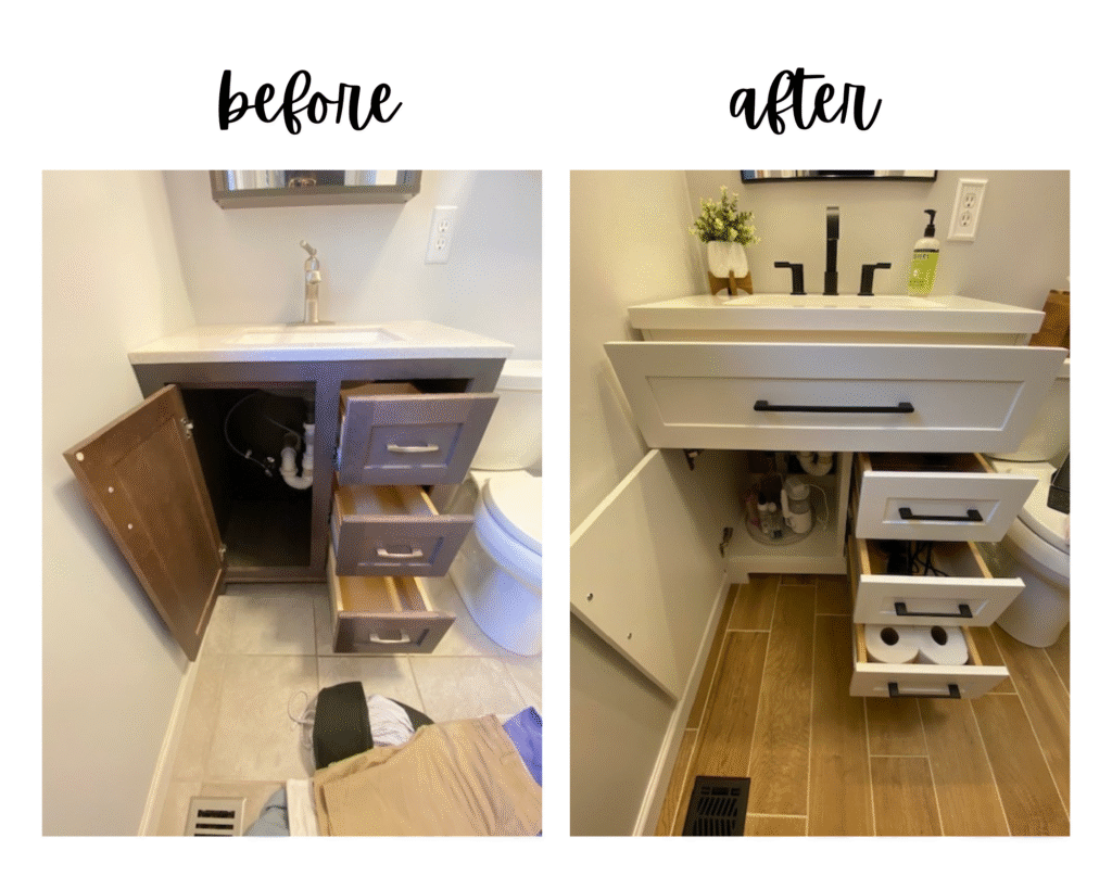 Comparison of vanity interiors showing improved small bathroom remodel storage with a hidden top drawer and organized lower cabinet.