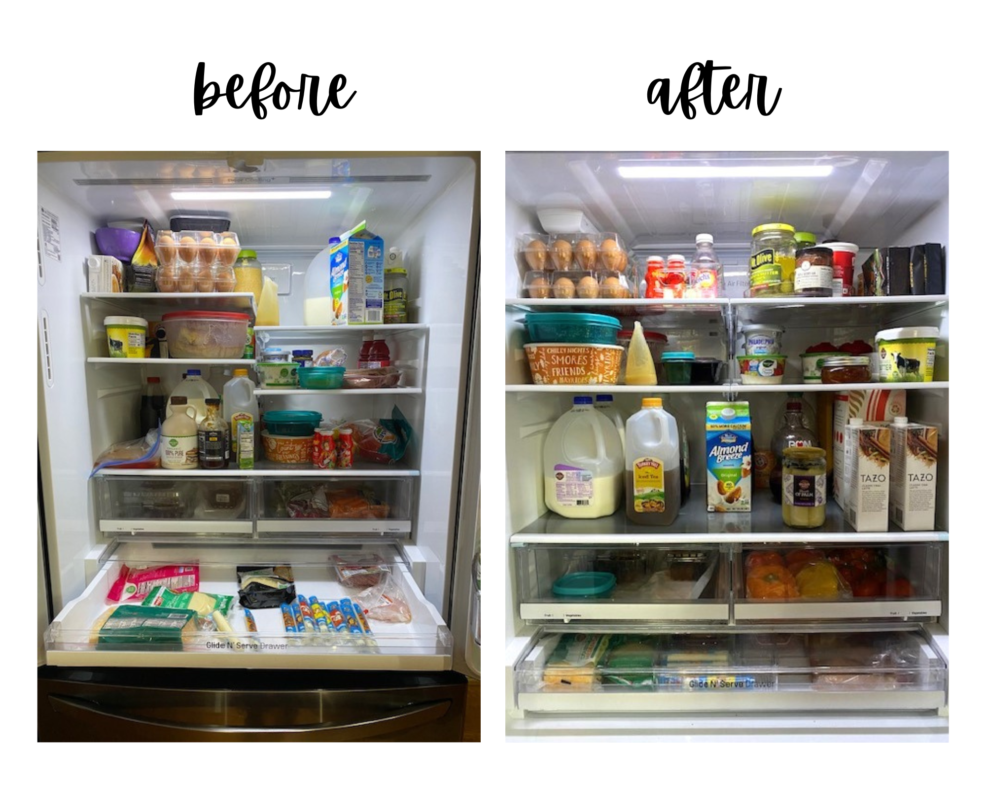 Before and after picture of fridge organizers you can do yourself just by adjusting the shelving of the fridge to fit what you're storing.