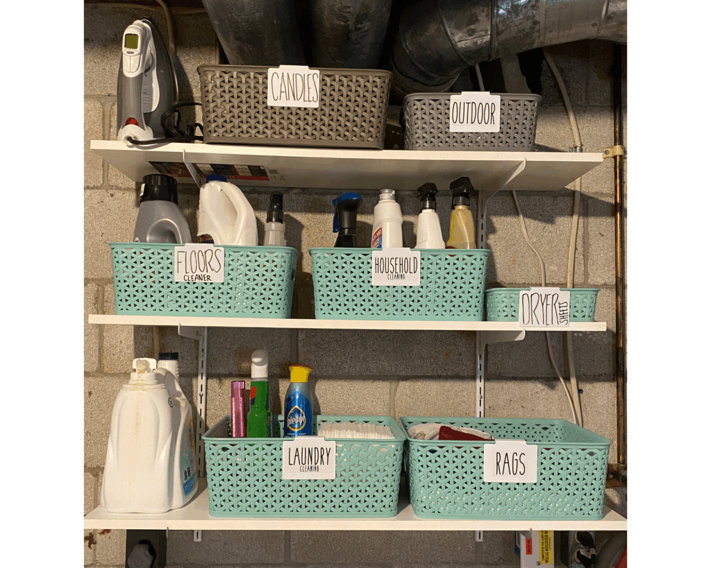 Even the laundry room bins need labels. Use a label clip to help keep your bins organized and change the clip when needed.