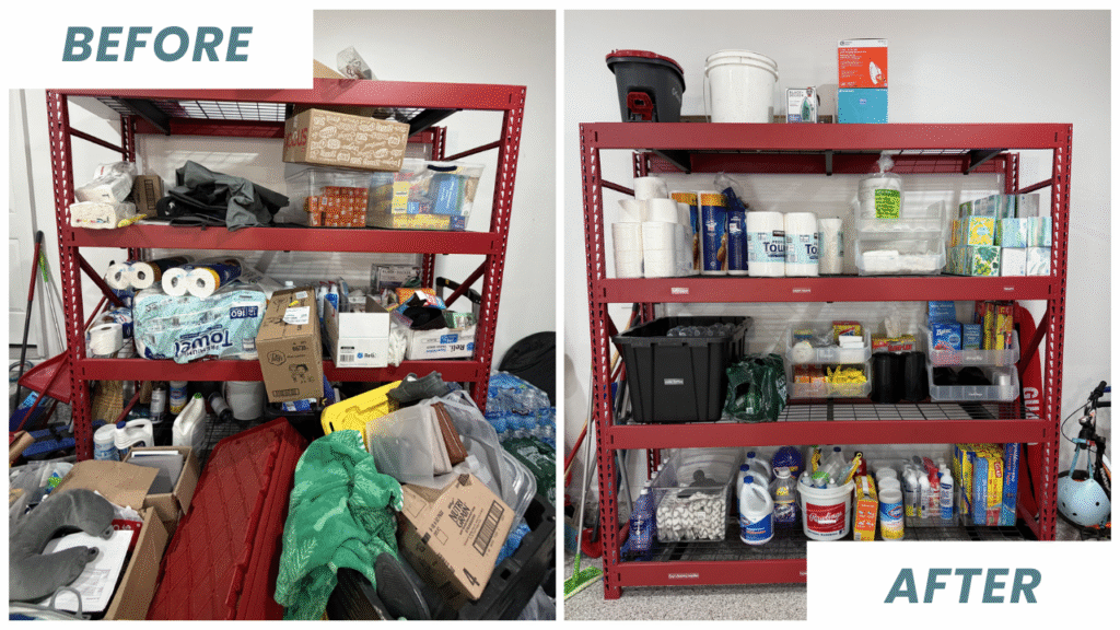 Before and after picture of stored bulk house supplies that helps to set up effective garage organization. Look, floor space!