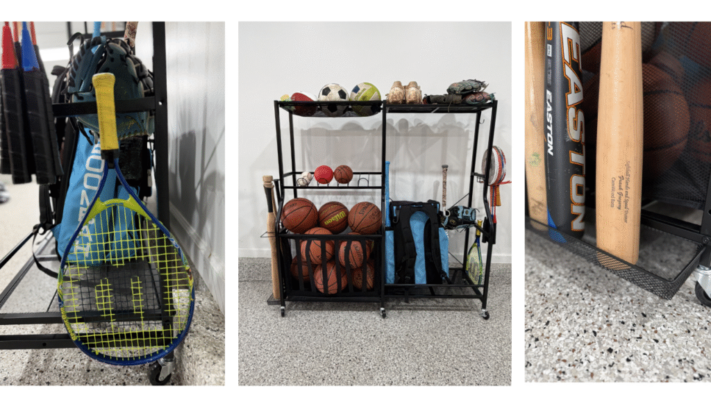 Garage Sports Equipment Organizer with Wheels - Golf Bag Storage Rack and Ball Storage Bins, Heavy Duty Rolling Garage Organizer System with Basket and Hooks for Indoor (Black-Large)