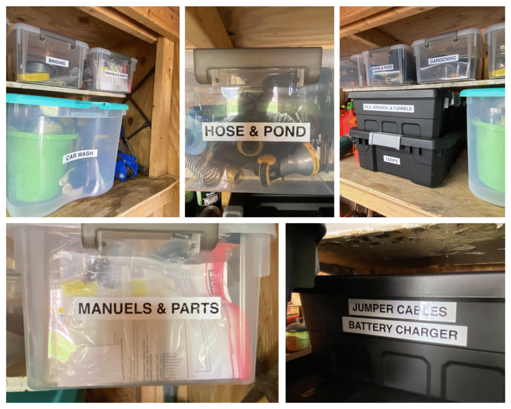 These clear bins show specific organizing labels for shed organization.