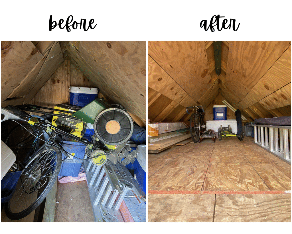 Shed organization loft before and after. The before shows the loft filled with junk, coolers, bicycles, ladders, etc. The after shows breathing room and a clear path to walk and get what you need.