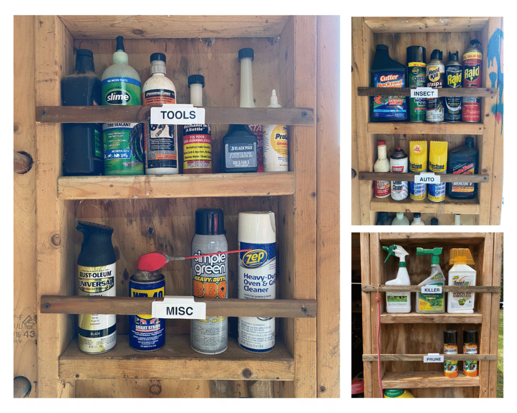Shed organization hack is to use the door as storage to maximize space.