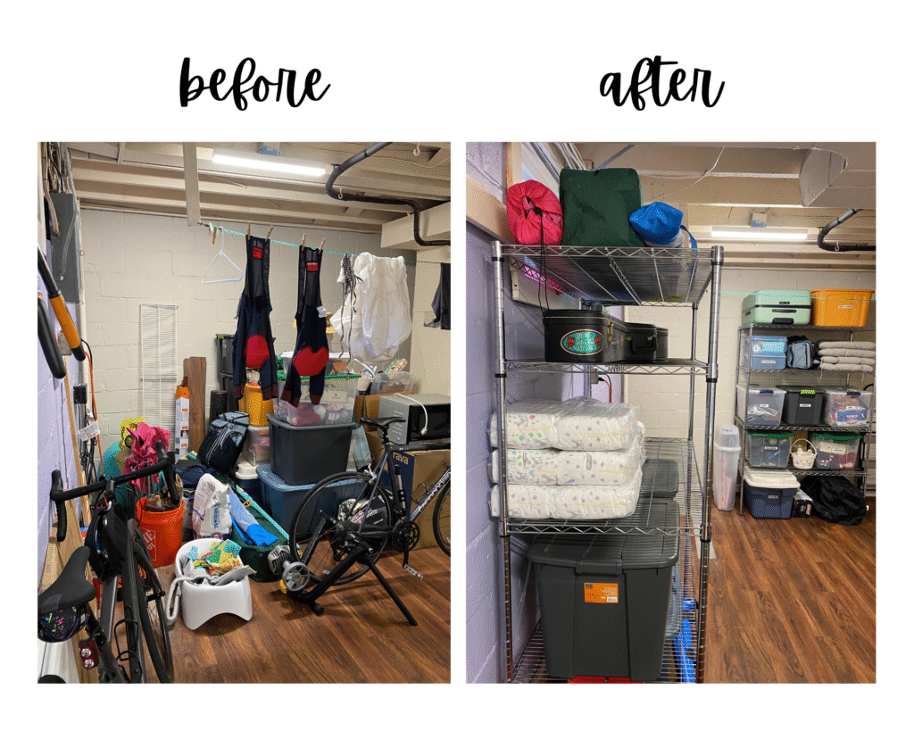 Before picture on the left of basement storage with items all piled in the center of the floor and clothes hanging everywhere. The after picture on the right shows shelves for storage, no clothes hanging, and you can see the floor is all clear!