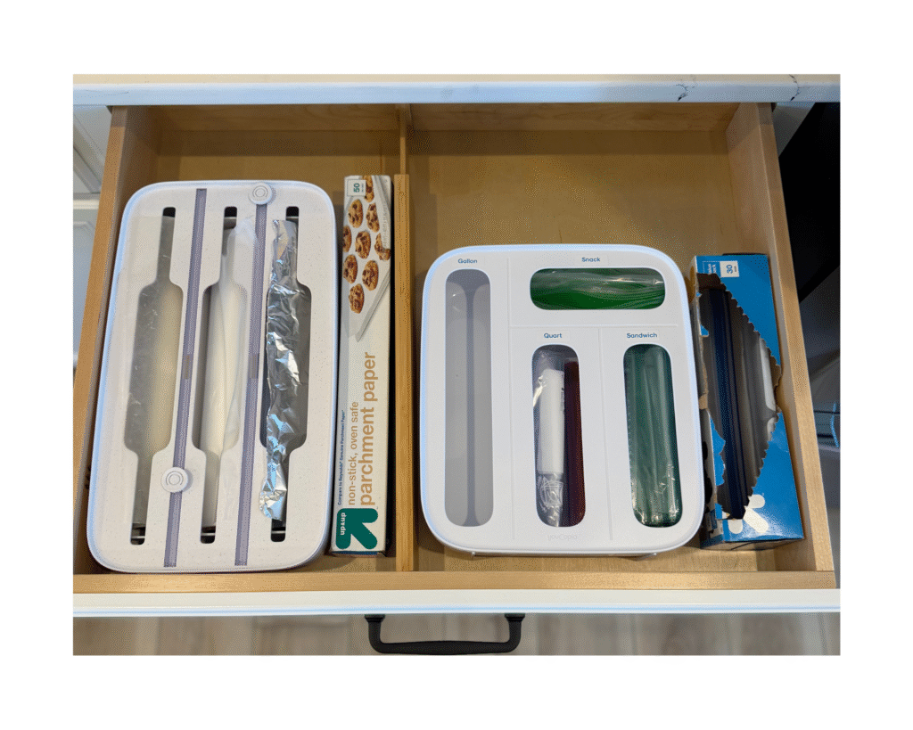 Kitchen organization ideas featuring foil dispenser and bag storage organizers inside a neat drawer.