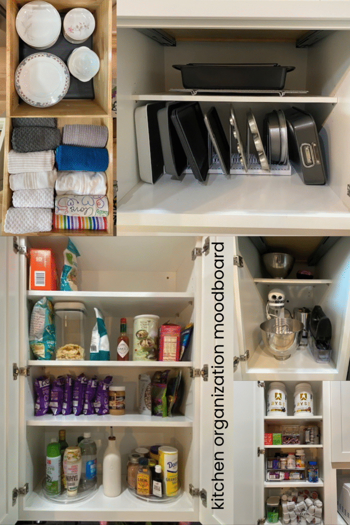 Inspiring kitchen organization collage highlighting smart storage solutions for baking sheets, pantry shelves, and organized dish drawers.